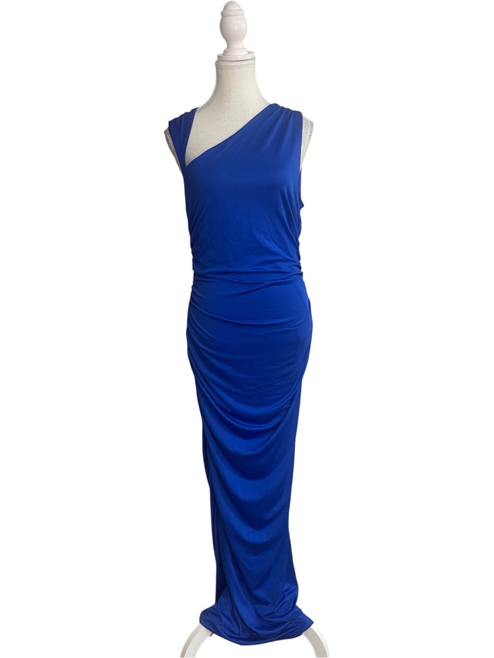 Lulus Enticing Darling Asymmetrical One Shoulder Ruched Maxi Dress Royal Blue